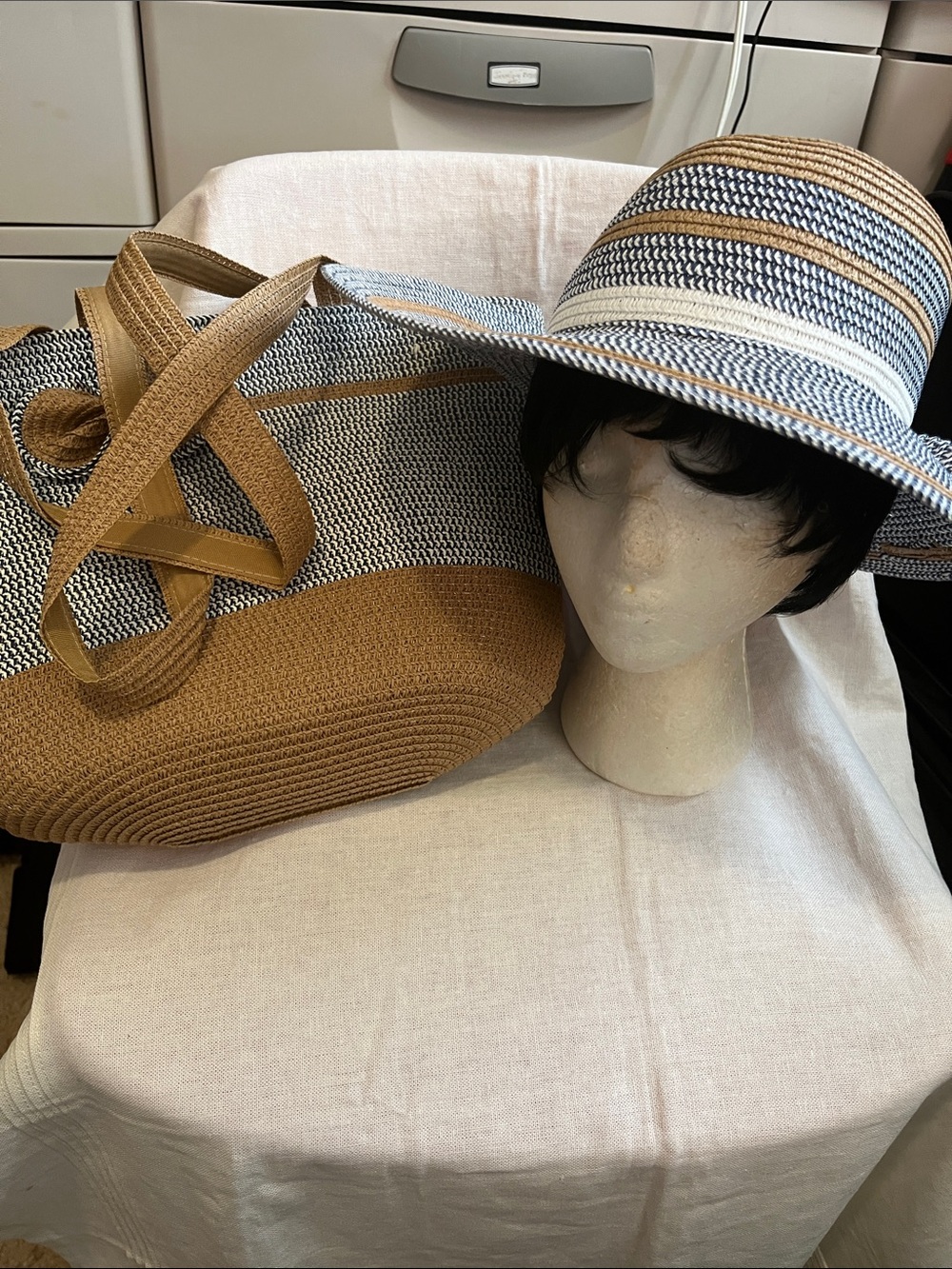 Two-Tone Straw Sun Hat and Tote Set - Blue, Black & Natural